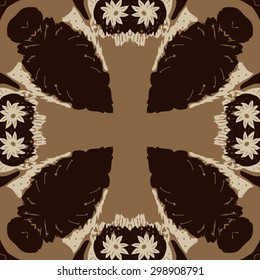 Circular seamless  pattern of floral motif, stamens, spots, waves, cross, copy space. Hand drawn.