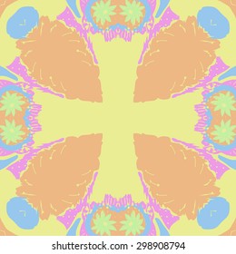Circular seamless  pattern of floral motif, stamens, spots, waves, cross, copy space. Hand drawn.