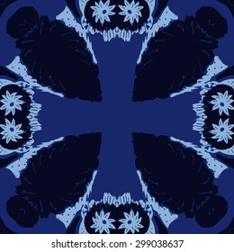 Circular seamless  pattern of floral motif, stamens, spots, waves, cross, copy space. Hand drawn.
