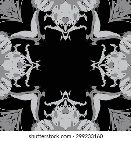 Circular seamless  pattern of floral motif, spots, waves,leaves, copy space. Hand drawn.