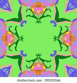 Circular seamless  pattern of floral motif, spots, waves,leaves, copy space. Hand drawn.