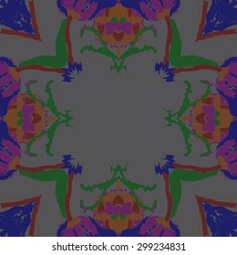 Circular seamless  pattern of floral motif, spots, waves,leaves, copy space. Hand drawn.