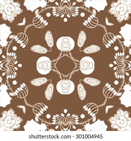 Circular seamless  pattern of floral motif, ellipses, stripes, spirals. Hand drawn.