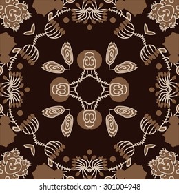 Circular seamless  pattern of floral motif, ellipses, stripes, spirals. Hand drawn.