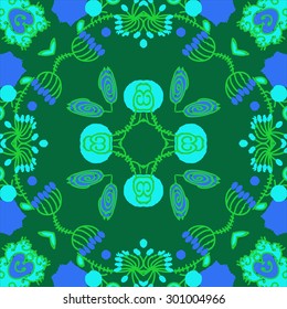 Circular seamless  pattern of floral motif, ellipses, stripes, spirals. Hand drawn.