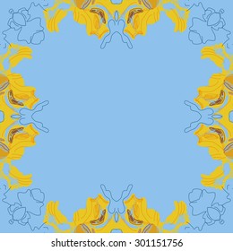 Circular seamless  pattern of floral motif, spots, stripes, hole, leaves, copy space. Hand drawn.