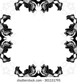 Circular seamless  pattern of floral motif, spots, stripes, hole, leaves, copy space. Hand drawn.