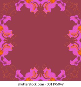 Circular seamless  pattern of floral motif, spots, stripes, hole, leaves, copy space. Hand drawn.