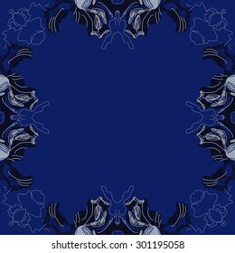Circular seamless  pattern of floral motif, spots, stripes, hole, leaves, copy space. Hand drawn.