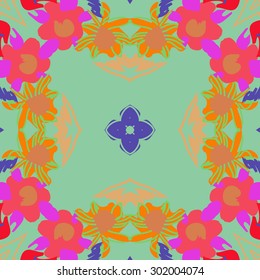 Circular seamless  pattern of floral  motif, stripes, waves, star, stylized  flowers. Hand drawn.