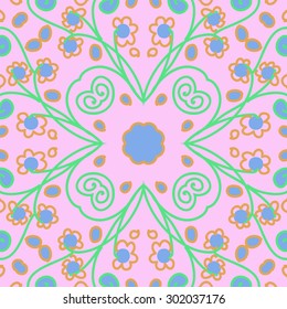 Circular seamless  pattern of floral  motif, stripes, spirals, waves, ellipses, stylized  flowers. Hand drawn.