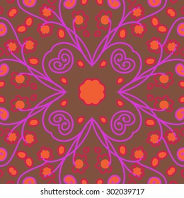 Circular seamless  pattern of floral  motif, stripes, spirals, waves, ellipses, stylized  flowers. Hand drawn.