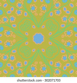 Circular seamless  pattern of floral  motif, stripes, spirals, waves, ellipses, stylized  flowers. Hand drawn.