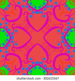 Circular seamless pattern of floral  motif, branches, ellipses, spots, spirals, . Hand drawn.