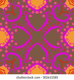Circular seamless pattern of floral  motif, branches, ellipses, spots, spirals, . Hand drawn.