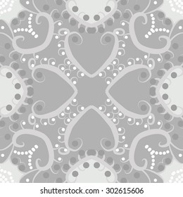 Circular seamless pattern of floral  motif, branches, ellipses, spots, spirals, . Hand drawn.