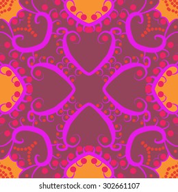 Circular seamless pattern of floral  motif, branches, ellipses, spots, spirals, . Hand drawn.