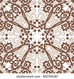 Circular  seamless pattern of floral  motif, stripes,  spots,  branches, leaves, spirals. Hand drawn.
