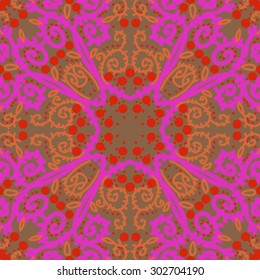 Circular  seamless pattern of floral  motif, stripes,  spots,  branches, leaves, spirals. Hand drawn.