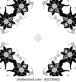 Circular  seamless pattern of floral  motif, stripes, star, spots, flowers, leaves. Hand drawn.