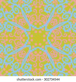 Circular  seamless pattern of floral  motif, stripes,  spots,  branches, leaves, spirals. Hand drawn.