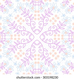 Circular  seamless pattern of floral  motif, branches,  ellipses, flowers, leaves. Hand drawn.