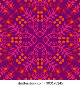 Circular  seamless pattern of floral  motif, branches,  ellipses, flowers, leaves. Hand drawn.