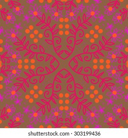 Circular  seamless pattern of floral  motif, branches,  ellipses, flowers, leaves. Hand drawn.