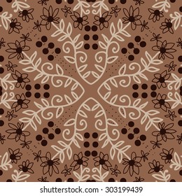 Circular  seamless pattern of floral  motif, branches,  ellipses, flowers, leaves. Hand drawn.