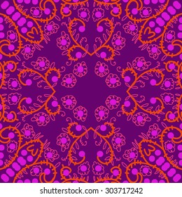 Circular  seamless pattern of floral  motif, flowers,  spots,  branches, doodles, spirals, ellipses, leaves. Hand drawn.