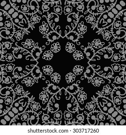 Circular  seamless pattern of floral  motif, flowers,  spots,  branches, doodles, spirals, ellipses, leaves. Hand drawn.