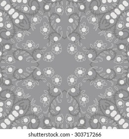 Circular  seamless pattern of floral  motif, flowers,  spots,  branches, doodles, spirals, ellipses, leaves. Hand drawn.