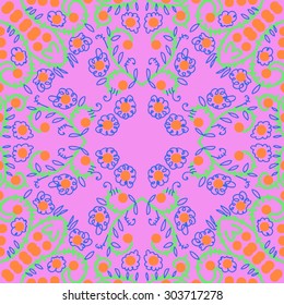 Circular  seamless pattern of floral  motif, flowers,  spots,  branches, doodles, spirals, ellipses, leaves. Hand drawn.