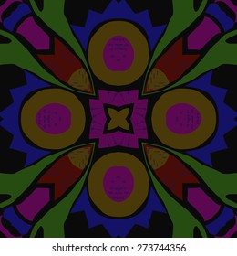 Circular seamless pattern of floral motif,bagels, stamens, doodles . Hand drawn.