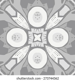 Circular seamless pattern of floral motif,bagels, stamens, doodles . Hand drawn.