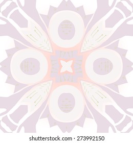 Circular seamless pattern of floral motif,bagels, stamens, doodles . Hand drawn.