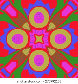 Circular seamless pattern of floral motif,bagels, stamens, doodles . Hand drawn.