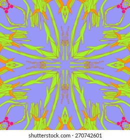 Circular seamless pattern of floral motif,buds, leaves, doodles. Hand drawn.