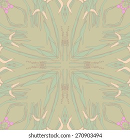 Circular seamless pattern of floral motif,buds, leaves, doodles. Hand drawn.