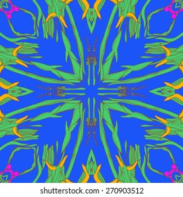 Circular seamless pattern of floral motif,buds, leaves, doodles. Hand drawn.