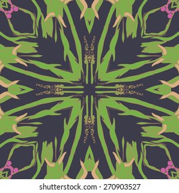 Circular seamless pattern of floral motif,buds, leaves, doodles. Hand drawn.