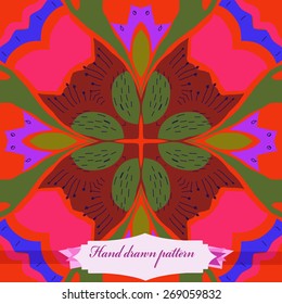 Circular seamless pattern of floral motif,doodles, stamens, label. Hand drawn.