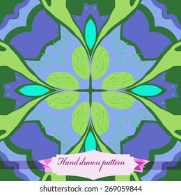 Circular seamless pattern of floral motif,doodles, stamens, label. Hand drawn.