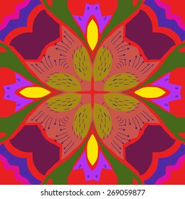 Circular seamless pattern of floral motif,doodles, stamens. Hand drawn.