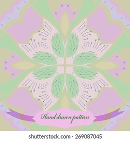 Circular seamless pattern of floral motif,doodles, stamens, label. Hand drawn.