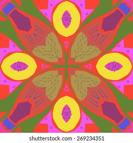 Circular seamless pattern of floral motif,doodles, stamens. Hand drawn.
