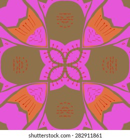 Circular  seamless pattern of floral motif,doodles, stamens, spots. Hand drawn.