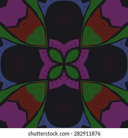 Circular  seamless pattern of floral motif,doodles, stamens, spots. Hand drawn.