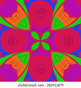 Circular  seamless pattern of floral motif,doodles, stamens, spots. Hand drawn.