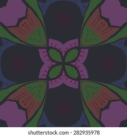 Circular  seamless pattern of floral motif,doodles, stamens, spots. Hand drawn.